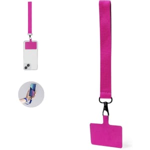 A pink holder bracelet for phones, featuring a strap and a card holder. The design includes a logo.