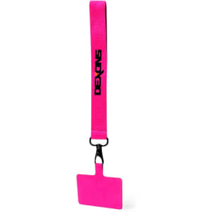 A pink lanyard with a clip and a blank rectangular ID card holder, featuring a logo.