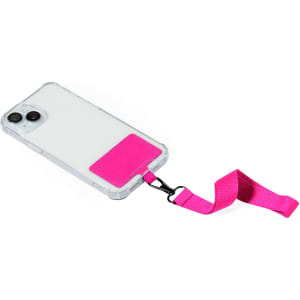 A clear phone case with a bright pink strap and wallet attachment for holding cards or cash.