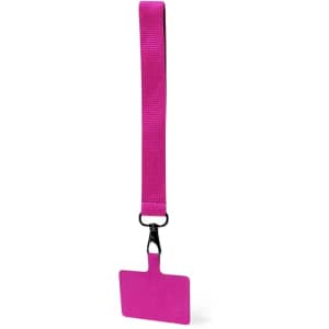 A pink holder bracelet with a rectangular tag on a strap, featuring a clip for attachment.