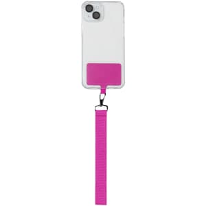 A clear phone case with a pink wallet attachment and a pink strap for carrying or securing.