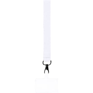 A white lanyard with a hook and a clear plastic ID card holder at the bottom.