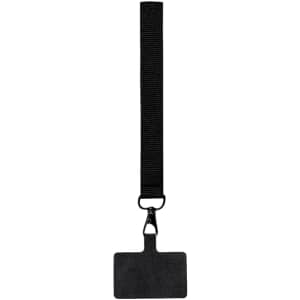 A black lanyard with a rectangular holder at the end, designed for displaying ID cards or passes.