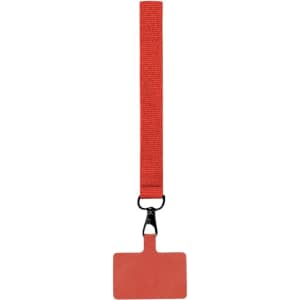 A red holder bracelet with a rectangular attachment and a black clip, designed for securing items.