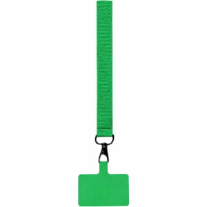 A bright green lanyard with a rectangular attachment for an ID or badge. It features a clasp at the top.