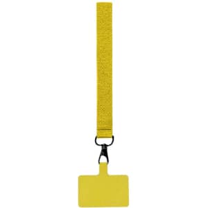 A yellow holder bracelet with a clip and a rectangular tag for identification or access.