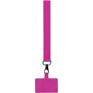 A pink holder bracelet with a rectangular tag and a clip attachment. The strap is made of durable material.
