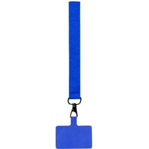 A blue lanyard with a flat attachment for ID or name tags, featuring a metal clip.