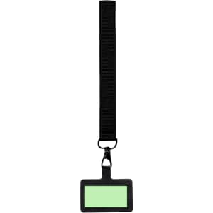 A black lanyard with a green ID card holder attached, featuring a clip for easy attachment.