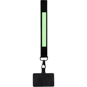 A black lanyard with a rectangular badge holder and a glow-in-the-dark strip. It has a clip for attachment.