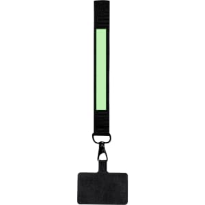 A black holder bracelet with a green reflective stripe and a clip for attaching items.