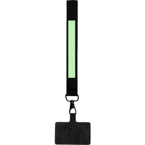 A black holder bracelet with a reflective green stripe, featuring a clip for attachment. Ideal for phone wallets.