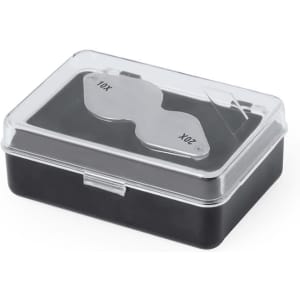 A black and clear container with a magnifier inside, featuring 10X and 20X magnification options.