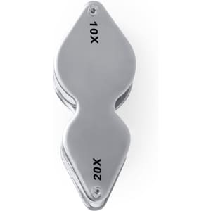 A silver, dual magnifier featuring 10X and 20X strengths, with a sleek design and a compact shape.