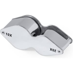 A silver magnifier with two lenses, one labelled 10X and the other 20X, featuring a sleek, smooth design.