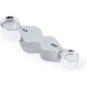 A metal magnifier with 10X and 20X lenses, featuring a sleek design in silver. It includes a branding element.