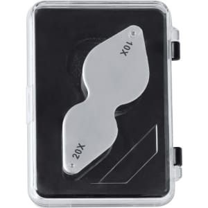 A silver magnifier with 10X and 20X lenses, displayed inside a clear case. The case has a black base.