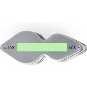 A silver magnifier with 10X and 20X magnification options, featuring a simple design and a logo.