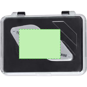 A clear, rectangular magnifier with a black base, featuring 10X and 20X magnification options and a logo.
