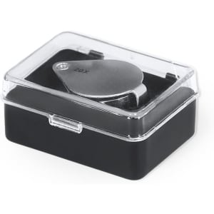 A 20X magnifier in a clear case, with a black base, showcasing a sleek, compact design.