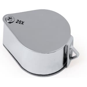 A chrome 20X magnifier with a sleek, rounded design and a small attachment hook.