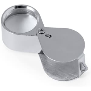 A silver 20X magnifier with a round lens and a foldable design, suitable for close-up viewing.