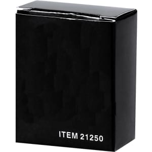 A black box with a single flap lid, featuring a logo or branding on one side.