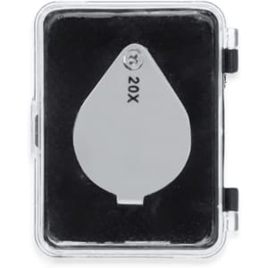 A magnifying lens in a transparent case, featuring a silver colour with a 20X magnification indication.