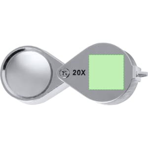 A silver Rindex 20X magnifier with a circular lens and a rectangular green section. Features a simple branding logo.