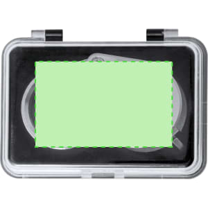A clear case containing a silver 20X magnifier. The product has a sleek design and a black interior.