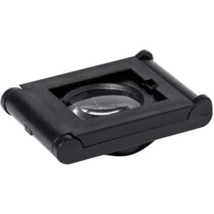 A black 8X magnifier with a rectangular frame and circular lens, featuring a compact, portable design.