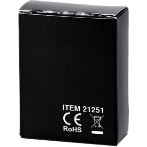 A compact black product packaging with a rectangular shape and a visible logo.