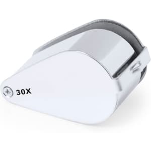 A silver 30X magnifier with a sleek design, featuring a smooth surface and a foldable structure.