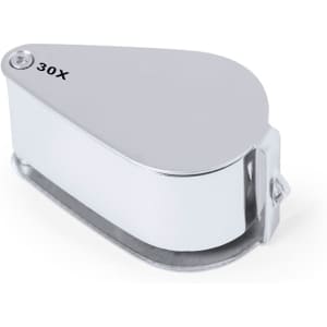 A silver 30X magnifier with a rounded design, featuring a metallic sheen and a compact size.