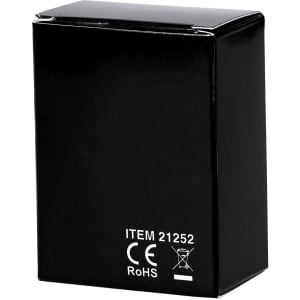 A black box with a square shape, featuring a small logo and product information on one side.