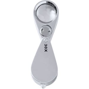 A silver 30X magnifier featuring a large lens and a compact, teardrop shape design.