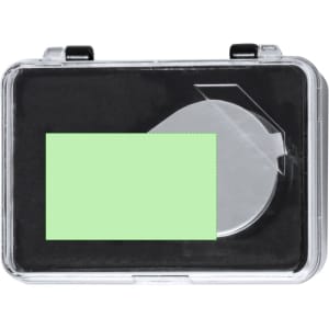 A clear case containing a round, silver 30X magnifier on a black background.