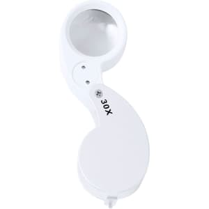 A white 30X magnifier with a curved handle and lens, featuring a small logo.