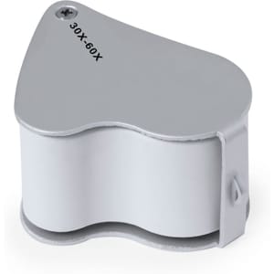 A grey magnifier featuring 30X and 60X magnification options, with a compact design. It includes a logo on the surface.