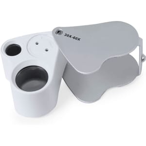 A white 30/60X magnifier with a hinged design and two lenses for varying magnification levels.