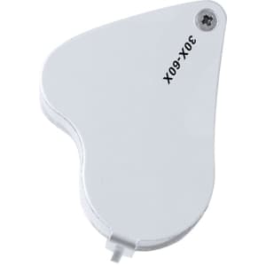 A magnifier in a unique white design with a 30/60X zoom capability and a small screw for adjustment.
