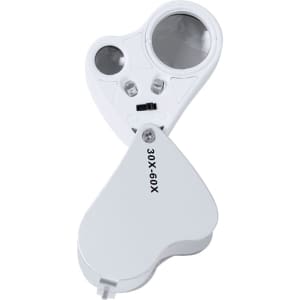 A handheld white magnifier with 30X and 60X zoom options, featuring dual lenses and a logo.