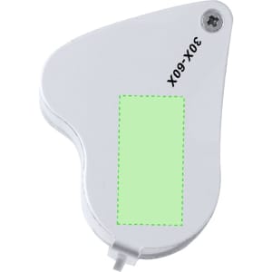 A white 30/60X magnifier with a unique shape, featuring a small area for branding or information.
