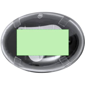 A clear, oval magnifier with a dark base, featuring a logo and an empty green rectangle overlay.