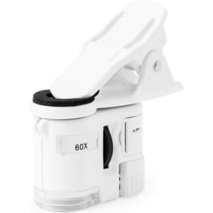 A white 60X microscope with a clip attachment and adjustable focus. It features a compact design for easy use.