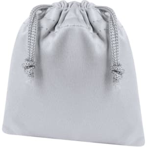A grey drawstring pouch with a gathered top, made of durable fabric. Features a simple design and sturdy stitching.