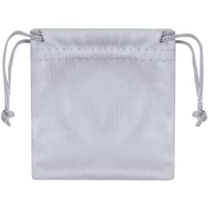 A grey drawstring pouch with a smooth finish, designed to hold small items securely.
