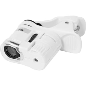 A white Saganix 60X Microscope with a compact design and a lens for magnification. It has a grip for easy handling.