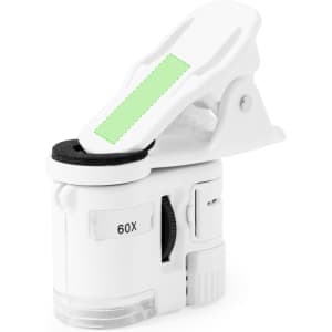 A compact white microscope with a green attachment, featuring a clip and adjustable components for mobile use.