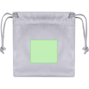 A grey drawstring pouch with a square placeholder for custom branding or designs.